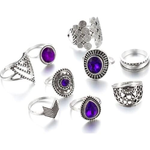 9PCS Vintage Silver Purple Crystals Ring Band Kit Midi Knuckle Finger Ring Set C1FE