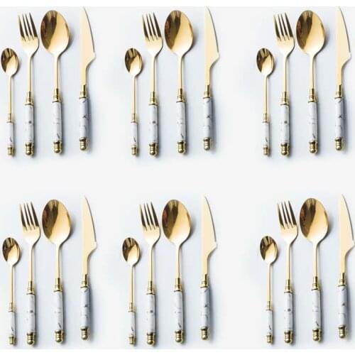 24pcs Gold Marble Cutlery Set Ceramic Handle Fork Spoon Knife Set Stainless Steel Cutlery Set Dishwasher Safe Dinnerware Sets
