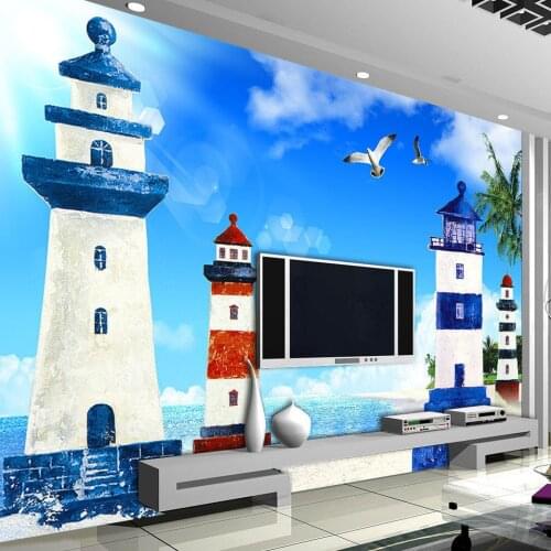 Custom Photo Mural Mediterranean Style Blue Sky White Clouds Lighthouse Living Room TV Backdrop Decorative Pictures Wallpaper 3D