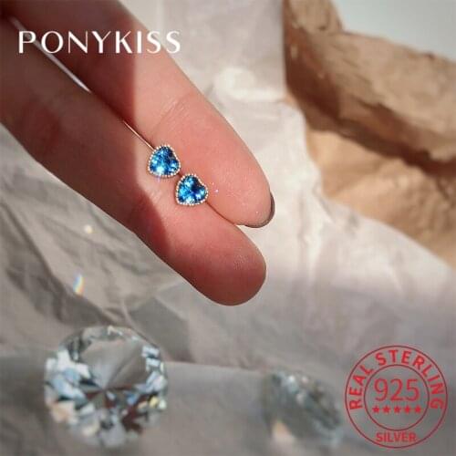 PONYKISS Vintage 925 Sterling Silver Gold-Rimmed Blue Heart Zircon 14K Gold Stud Earrings For Women Fine Jewlry Drop Shipping