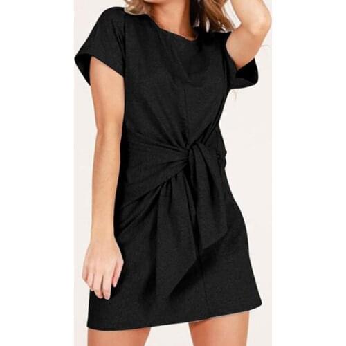 Casual Simple Women Tie Knot Waist Dress Women Summer Short Sleeve Mini Dress Casual Knotted Dress Elegant Black Dresses