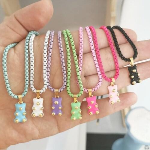 QMHJE Enamel Bear Pendant Charm Necklace for Women Choker Painting Link Chain Candy Colors Yellow Neon Green Rose Black Trendy