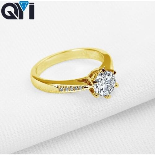 QYI Women 14K Solid Yellow Gold Solitaire Rings 1 ct Round Cut Sona Simulated Diamond Engagement Rings For Wedding