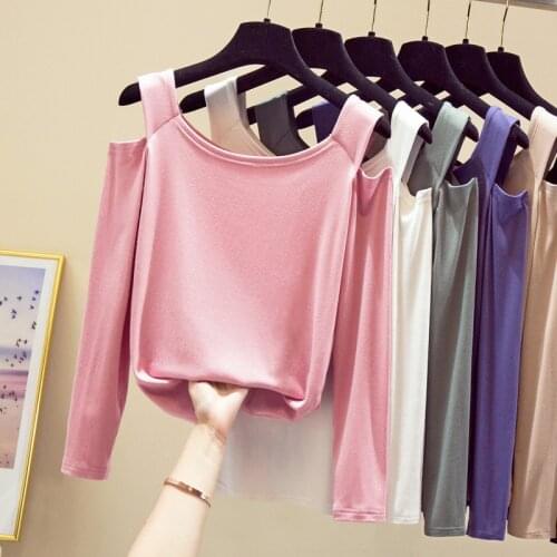 Sexy Off Shoulder T shirt Women Clothes 2020 Autumn Long Sleeve TShirt Modal Cotton Tops Slim Tee Shirt Femme Pink Clothing