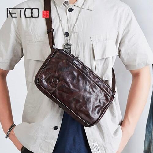 AETOO Mens leather messenger bag, all-match leather shoulder bag, horizontal trendy retro mens bag