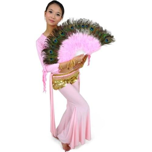 Belly Dance Peacock Feathers Dance Fan 10 Colors High Quality Stage Performance Props Feather Folding Hand Fans