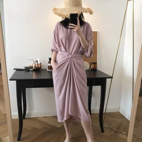 Spring Summer 2019 Dress Women O Neck Wrap Dress Midi Elegant Casual Dresses For Women Female Korean Dress 2019 AA4945