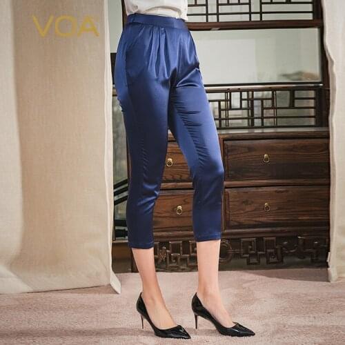 VOA Silk Navy Color Jacquard Beef Tendon Waist Hugging Slanting Bag Yuke Pleated Stitching Loose Casual Capri Harem Pants KJ031