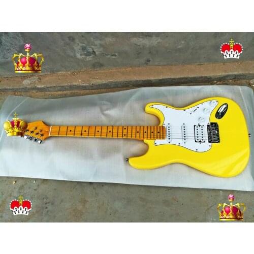 High quality FDST-1055 yellow color solid body with white pickguard maple fretboard electric guitar, Free shipping