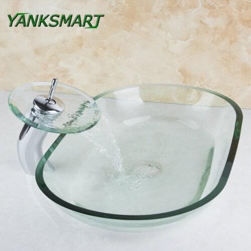 YANKSMART Oblong Rectangle Glass Bathroom Sink Washbasin Faucet Kit Waterfall Cold & Hot Water Mixer Tap Lavatory Bath Sink Set