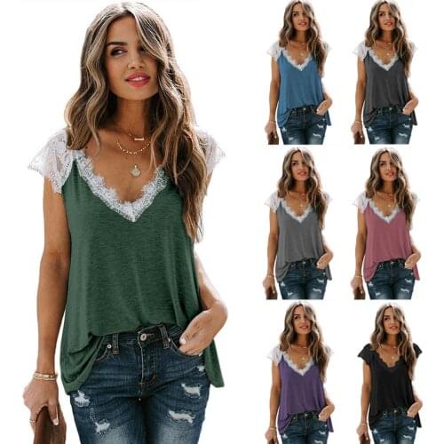 2021 European and American Womens T Shirt Short Sleeve New Outerwear Loose Casual Lady Blouse Lace Stitching V Neck Top Summer