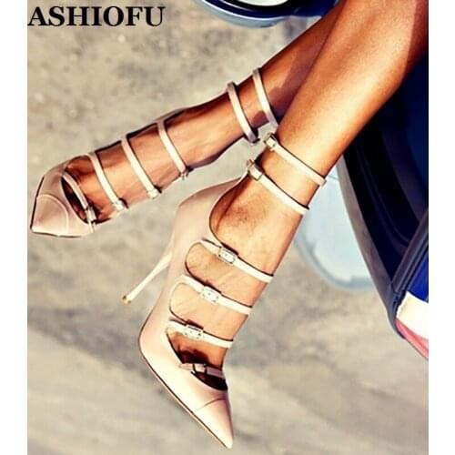 ASHIOFU Handmade Women Stiletto Dress Shoes Buckle Straps Pointed-toe Office Party Shoes Sexy Evening Fashion Court Shoes