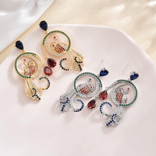 New Retro Fashion AAA Cubic Zircon Color Twin Bird Circle Earring Temperament Tassel crystal For Women Jewelry Wedding Gift