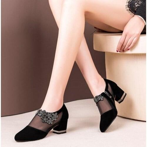 Large size Summer Women High Heel ShoesSexy mesh Pumps Zip Pointed Toe Thick Heels Fashion Female Dress Shoes Elegant Footwear