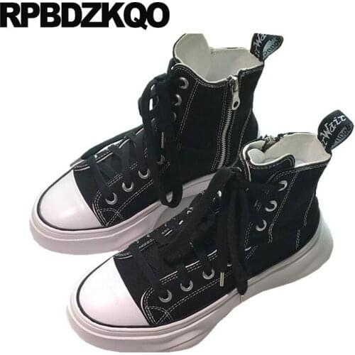 Women thick sole black and white muffin high top elevator harajuku cloth designer platform retro canvas shoes sneakers creepers