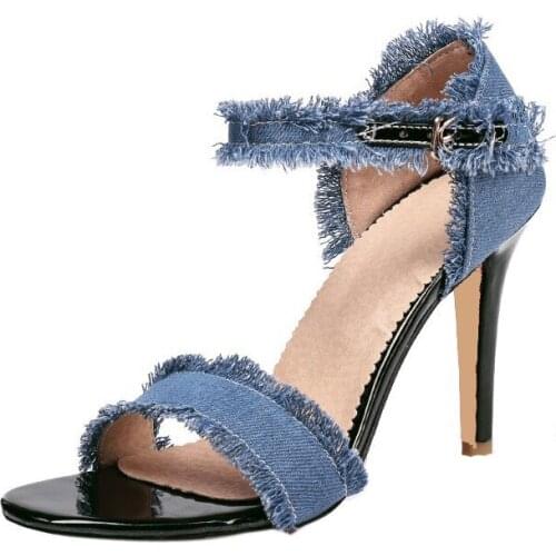 Women Tassel Sandals High Heels Summer Style Shoes Ladies Sexy Open Toe Ankle Strap Stiletto Denim Sandalias XKD4153