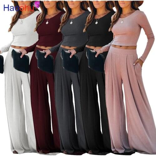 Women Casual Knitted Rib Two-Piece Sets 2021 Autumn Ladies Long Sleeves Tops&Long Pants Fashion O-Neck Solid Color Leisure Suit