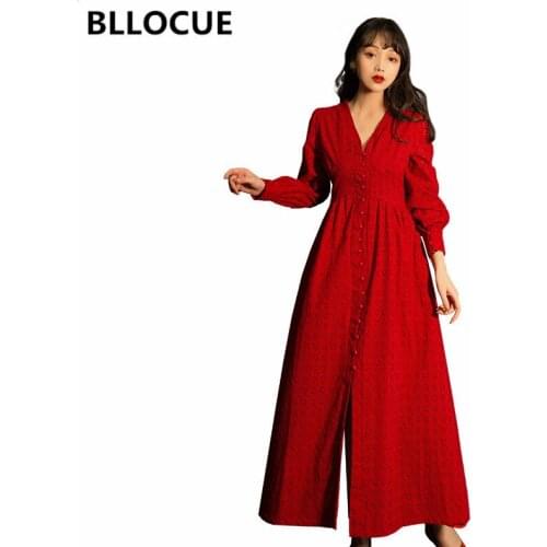 BLLOCUE High Quality Luxury Design Red Lace Runway Dress Vintage Women V-Collar Lantern Sleeve High Waist Single-Breasted Dress