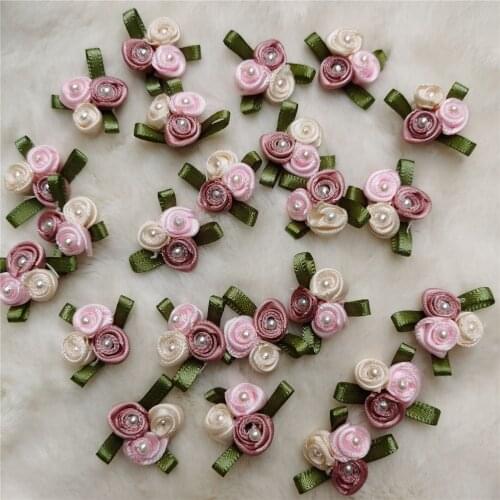 10pcs Mini Colorful Satin Ribbon Pearl Rose Flower Silk Fabric Appliques Handmade Wedding Decoration Craft Sewing Accessories