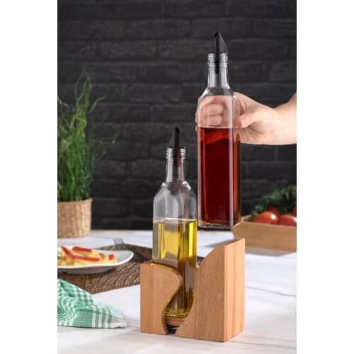 2'li Oil Vinegar Bottle Glass Bottle Wooden Standing Glass Oiler Sauce 500 Cc Transparent Olive Oil Dispenseri Bottle Automatic