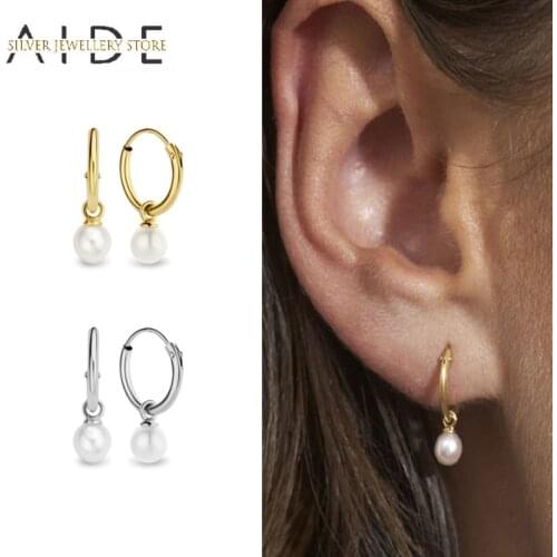 AIDE Minimalism INS Pearl Pendientes Hoop Earrings For Women Fashion Pearls 925 Sterling Silver Pierced Earings Jewelry kolczyki