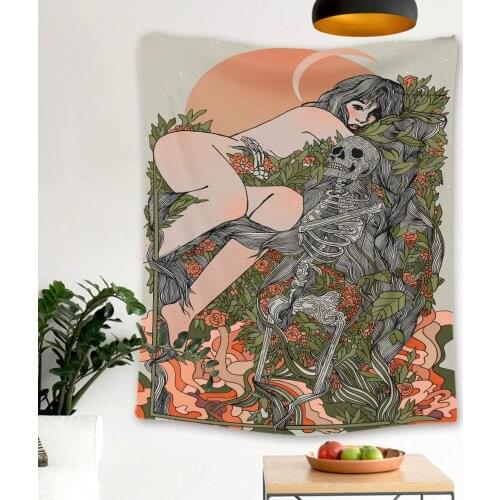 Skull Woman On Flowers Haystack Pattern Psychedelic Indian Bohemian Hippie Mandala Tapestries