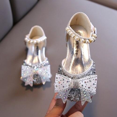 Children Rhinestone Bowknot Crystal Princess Dress Shoes For Girls Kids Wedding Party Dance Performance Sandal Shoes Pink Silver