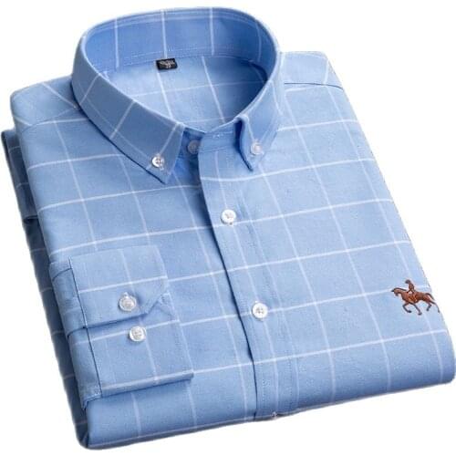 Pure Cotton Oxford Shirts for Men Casual long sleeve Mens Plaid Shirt without Pockets regular Fit Autumn Checkered Clothing Male