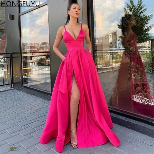 HONGFUYU A-line Hot Pink Satin Prom Evening Dresses with Pockets Long robe de soiree Party Gowns for Women Side Split vestidos