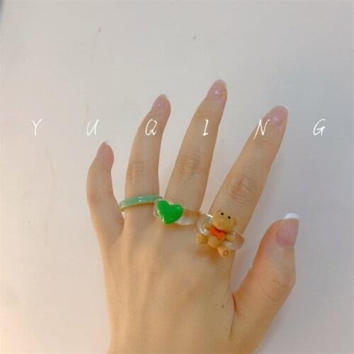 Ins love Rings All-match Rabbit Bear Resin Rings Big Heart Love Stacker Rings for Girls 00s Vibes Vintage Jewelry