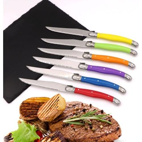 Laguiole Steak Knife Rainbow Dinner Knives Multi color Table Cutlery Soft ABS Plastic Handle Stainless Steel Dinnerware Set 6pcs