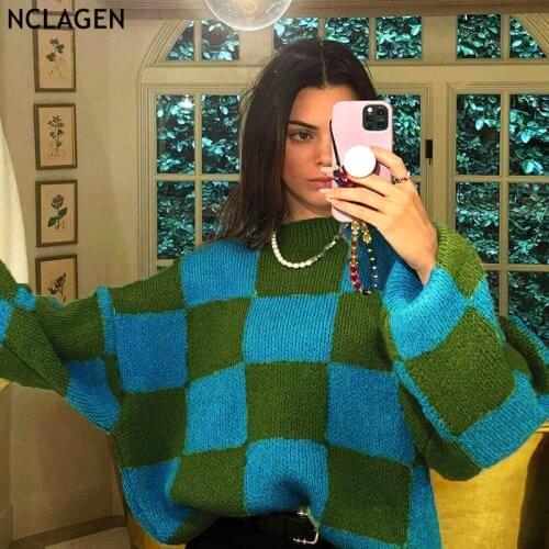 NCLAGEN 2021 Autumn Winter Fashion Contrast Color Square Plaid Sweater Women Thick Warm Long Sleeve Sweaters Street Casual Top