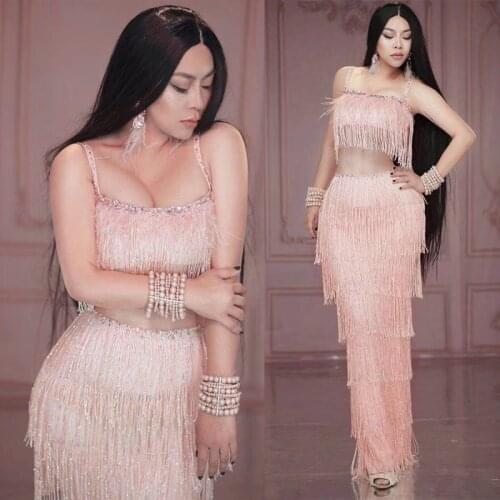New Pink Fringe Dress For Women Nightclub Gogo Dancer Modern Pole/Jazz Dance Tassel Dress Festival Party Rave Outfit DQL3975