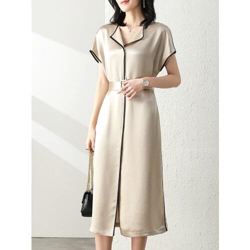 New Arrival Elegant Dresses With Belt Women Satin Office Lady Formal Business Work Slim Clothes