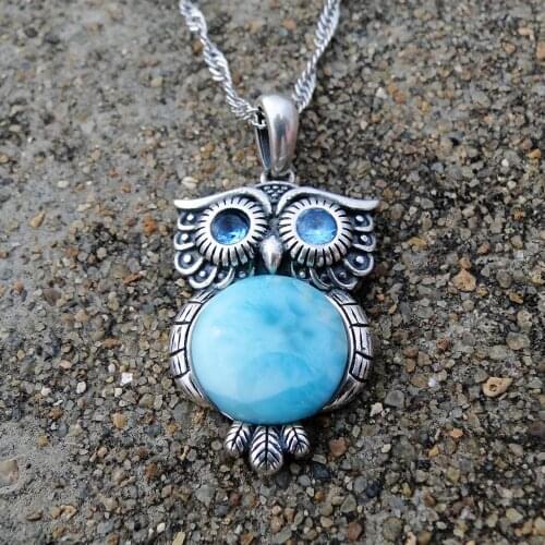 Antique Silver Jewelry Ocean Blue Natural Larimar Owl Pendant Necklace in 925 Sterling Silver