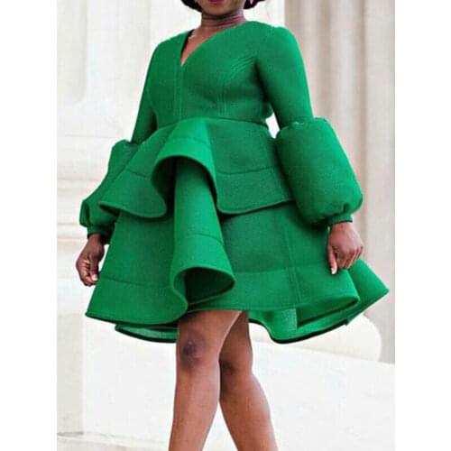 Green Party Dress Sweet Sexy A Line V Neck Long Sleeve Plus Size 3XL Spring Autumn African Women Birthday Dress Vestido Feminino