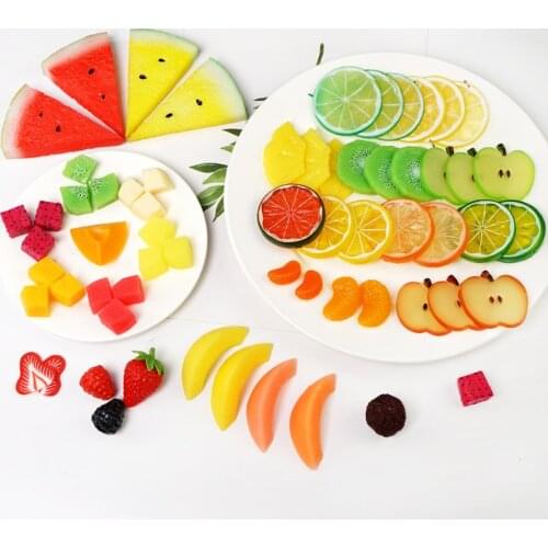 Festive Artificial Decorations Fruits Pvc Simulated Fruit Slice Tray Pitaya Peach Watermelon Apple Cubes Sala Model 4pc/lot