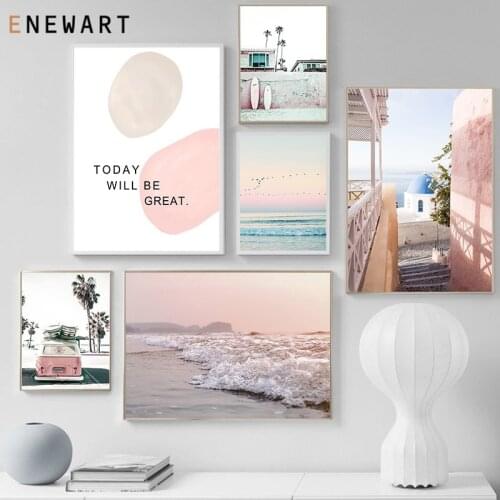 Nature Ocean Landscape Canvas Poster Nordic Pink Bus Wall Art Print Painting Positive Quote Picture Scandinavian Home Decor