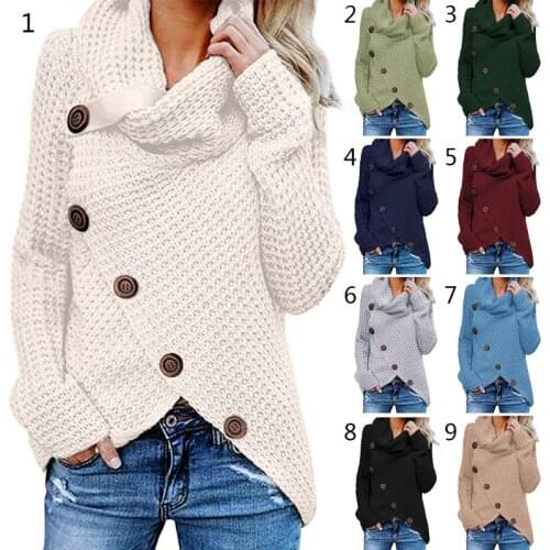 Womens Winter Autumn Long Sleeve Pullover Tops Turtleneck Oblique Buttons Waffle Knitted Sweater Irregular Hem Loose