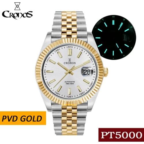 Cronos Date Luxury Men Watch PVD Gold 5 Links Bracelet Copper-Nickel Plated Bezel 100m Water Resistant Sapphire