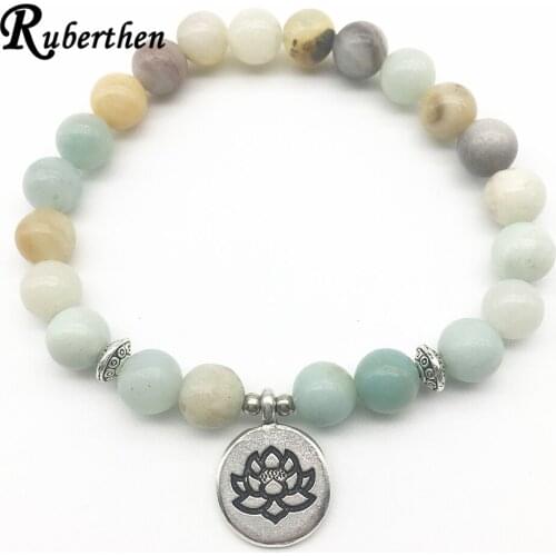 Ruberthen Designer Amazonite Bracelet Vintage Silver Plated Lotus Bracelet Women`s Balance Jewelry Wrist Mala Yoga Bracelet