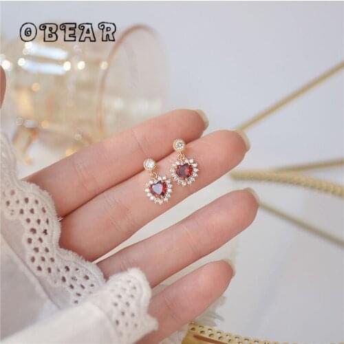OBEAR 14k Real Gold Electroplating French Exquisite Heart Crystal Stud Earrings Women Fashion Luxury Party Jewelry