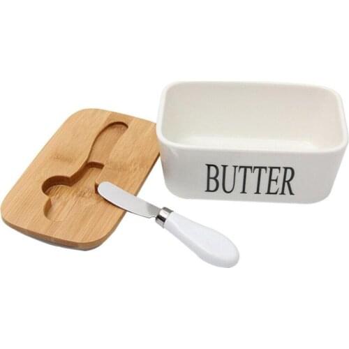 Nordic Ceramic Butter Box Wood Cover with Knife Butter Sealing Plate Storage Tray Dish Cheese Kitchen Food Container Butter Dish