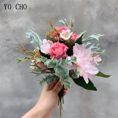 YO CHO Bride Wedding Bouquet Artificial Flower Silk Peony Dahlia Bridesmaid Bouquets Forest Style Flower Home Party Table Decor