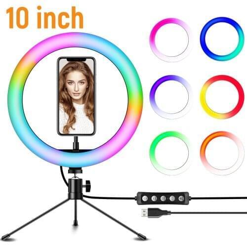 RGB LED Ring Light for Camera Phone Video Dimmable Makeup Video Live Stream Studio 10 inch with table Tripod Stand Kit