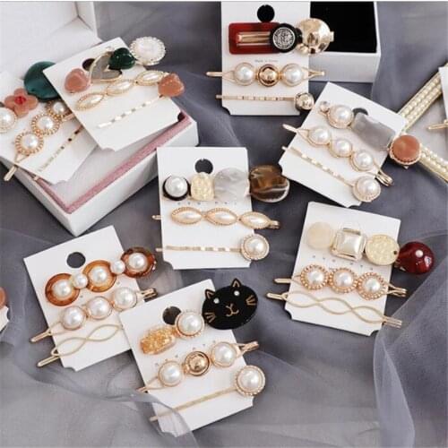 3Pcs/set Korea Vintage Acrylic Resin Beads Hairpins Imitiation Pearl Metal Gold Girl Hair Clips Hair Accessories for Women