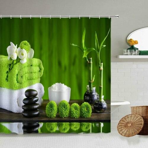 Zen Shower Curtain Stone Green Bamboo Flowing Water Spa Garden Orchid Flower Bathroom Deco With Hook Waterproof Screen Washable