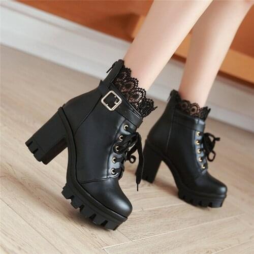 YMECHIC Autumn Ladies Punk Black White Cross Tied Block Heel Shoes Lace Goth Buckle Strap Chunky Heels Motorcycle Ankle Boots