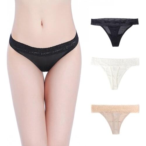 Birdsky, 3pcs Women Sexy G string briefs panties underwear T-back Thongs,100% mulberry silk, lace band low waist, 3 colors.OR-35