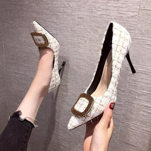 Square Buckle High Heels Stilettos Sexy Pointed Toe Shallow Plus Size Women Shoes 41 42 43